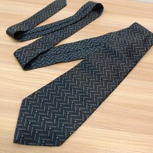 80s Blue Neck Tie Mens RENE CHAGAL Herringbone Silk Chevron Career Suit Handmade